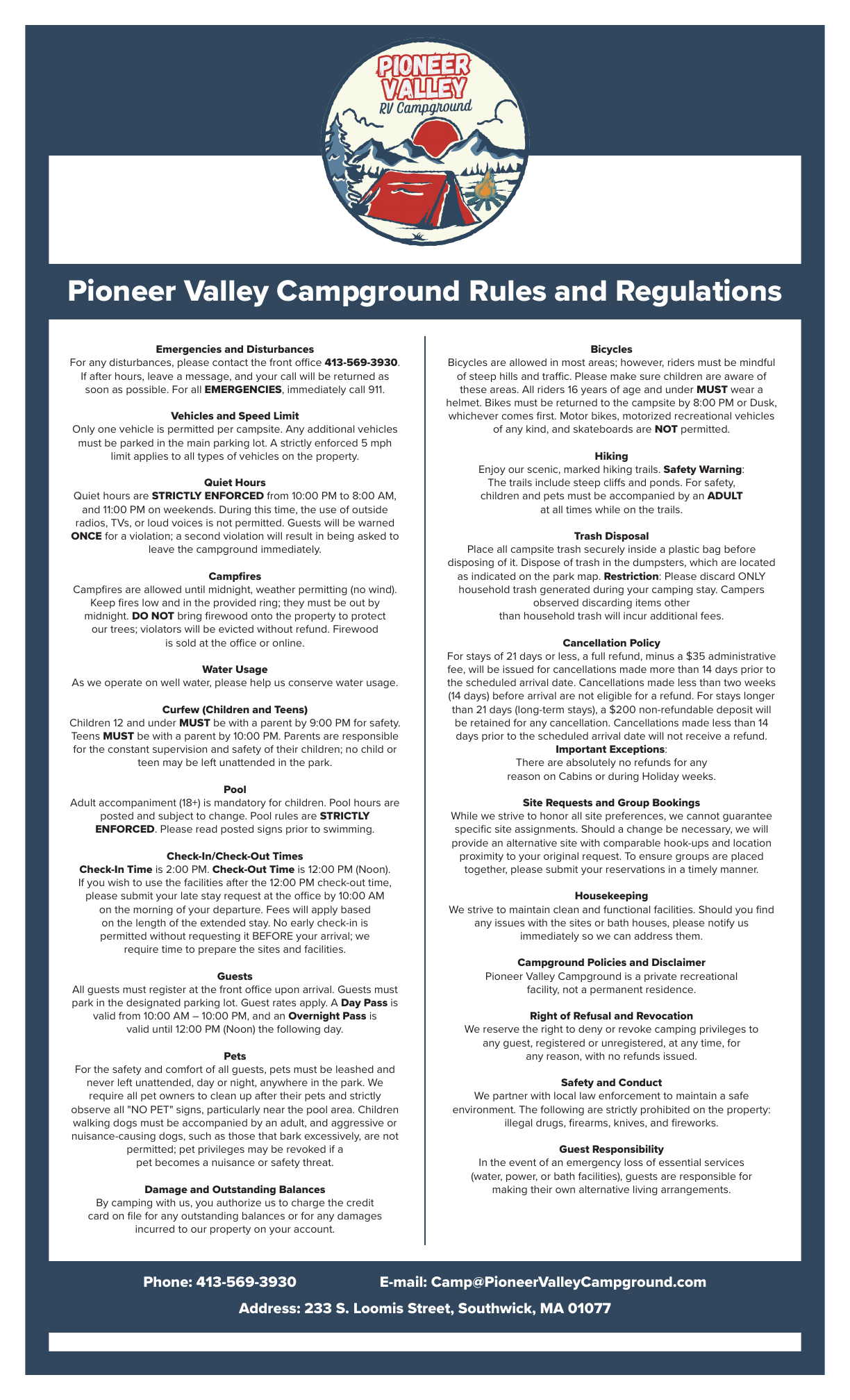 Official Pioneer Valley RV Campground rules and regulations